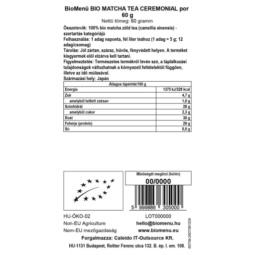 BioMenü Bio Matcha-Tee Zeremoniell Pulver 60 g Datenetikett