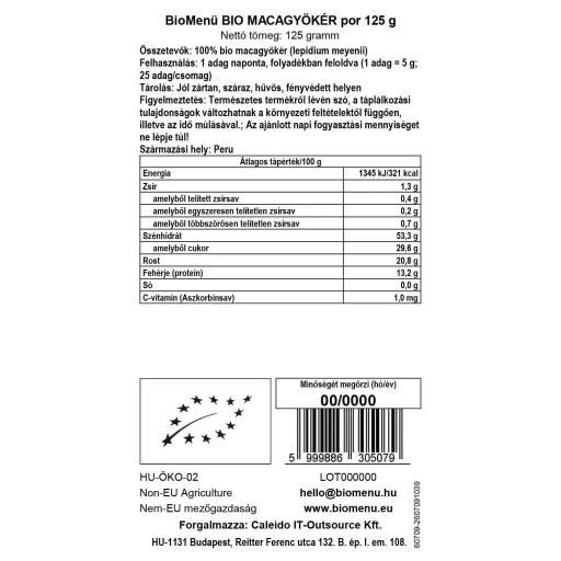 BioMenü Bio Maca-Wurzel Pulver 125 g Datenetikett
