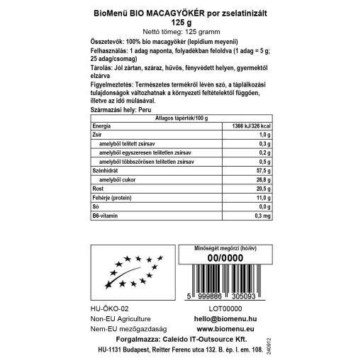 BioMenü Bio Maca-Wurzel Pulver geliert 125 g Datenetikett