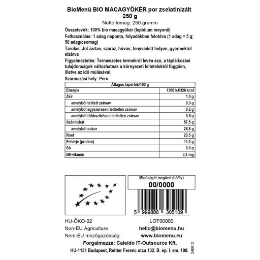 BioMenü Bio Maca-Wurzel-Pulver geliert 250 g Datenetikett