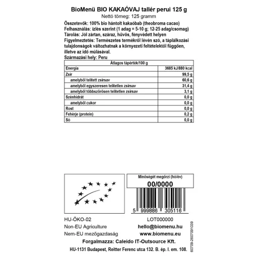 BioMenü Bio Kakaobutter Taler peruanisch 125 g Datenetikett