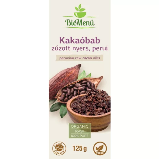 BioMenü Bio Kakaobohnen zerkleinert roh peruanisch 125 g Etikett
