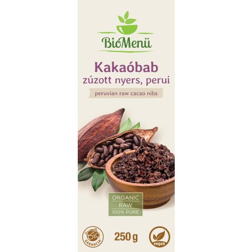 BioMenü Bio Kakaobohnen zerkleinert roh peruanisch 250 g Etikett