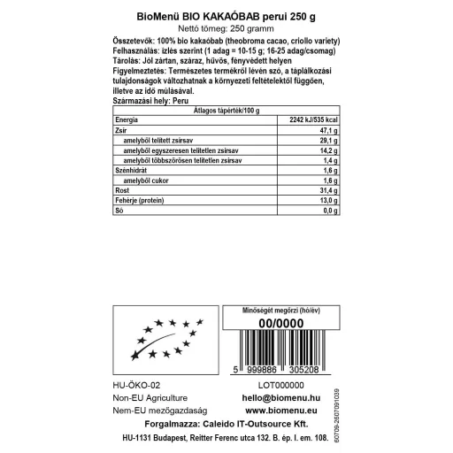 BioMenü Bio Kakaobohnen peruanisch 250 g Datenetikett