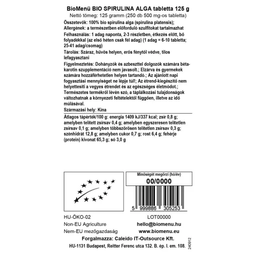 BioMenü Bio Spirulina-Algen-Tabletten 125 g Datenetikett