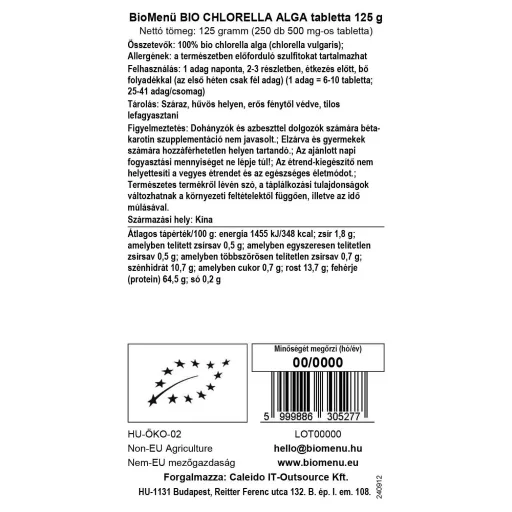 BioMenü Bio Chlorella-Algen-Tabletten 125 g Datenetikett