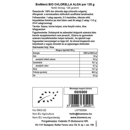 BioMenü Bio Chlorella-Algenpulver 125 g Datenetikett