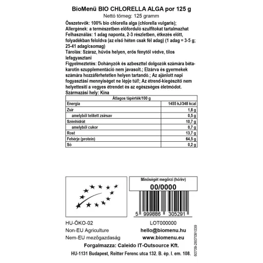 BioMenü Bio Chlorella-Algenpulver 125 g Datenetikett