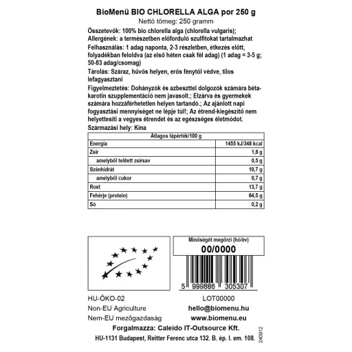 BioMenü Bio Chlorella-Algenpulver 250 g Datenetikett