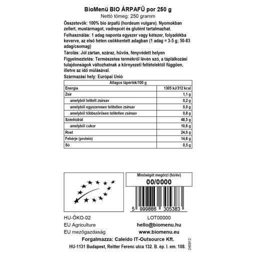 BioMenü Bio Gerstengras-Pulver 250 g Datenetikett