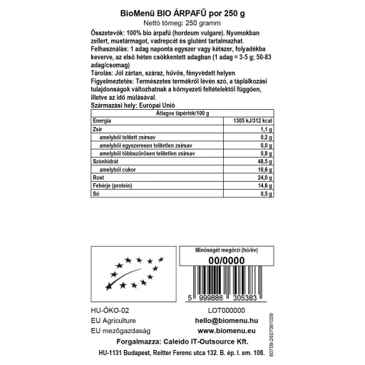 BioMenü Bio Gerstengras-Pulver 250 g Datenetikett