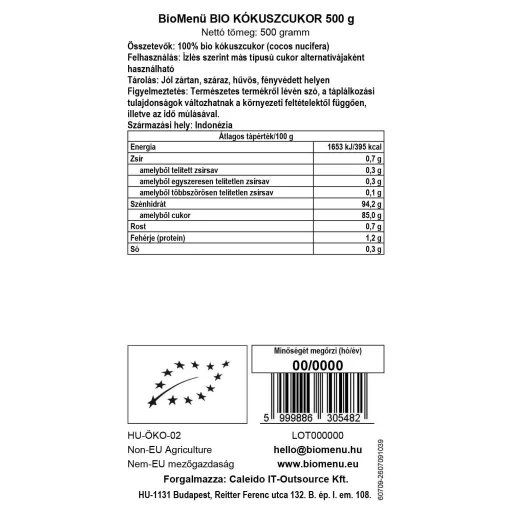 BioMenü Bio Kokoszucker 500 g Datenetikett