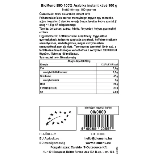 BioMenü Bio 100% Arabica Instant Kaffee 100 g Datenetikett
