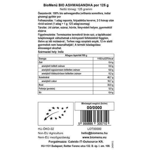 BioMenü Bio Ashwagandha-Pulver 125 g Datenetikett