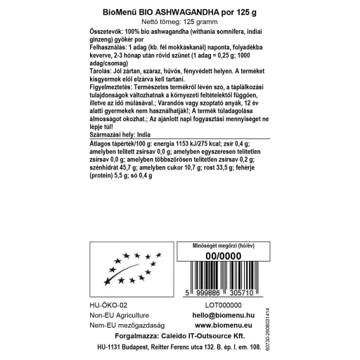 BioMenü Bio Ashwagandha-Pulver 125 g Datenetikett
