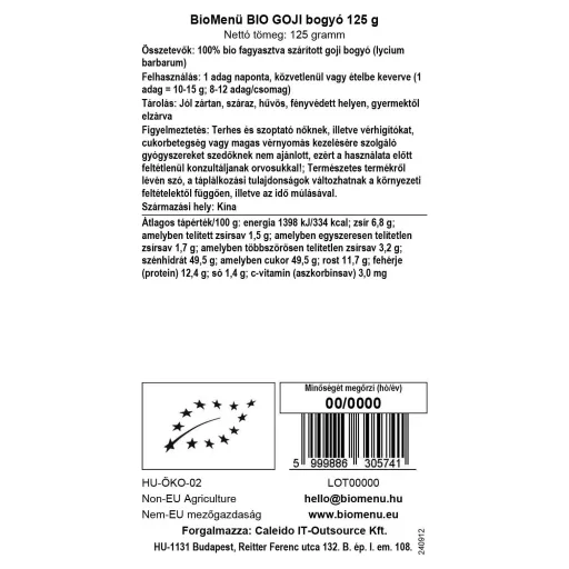 BioMenü Bio Goji-Beeren 125 g Datenetikett