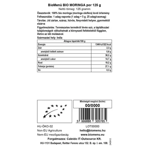BioMenü Bio Moringa-Pulver 125 g Datenetikett