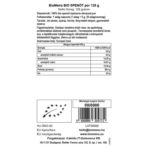 BioMenü Bio Spinatpulver 125 g Datenetikett