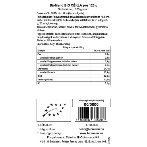 BioMenü Bio Rote-Beete-Pulver 125 g Datenetikett
