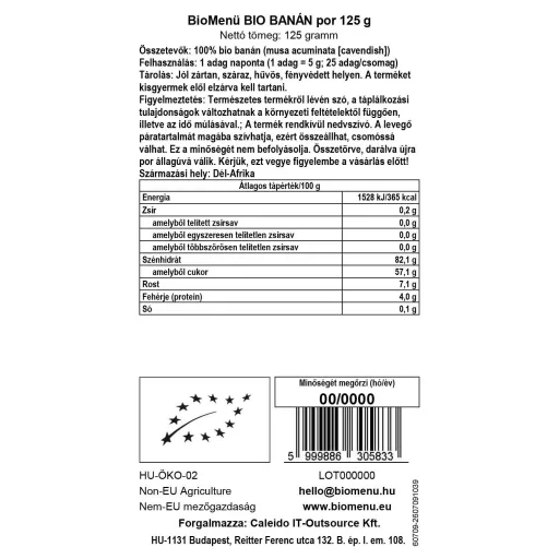 BioMenü Bio Bananenpulver 125 g Datenetikett