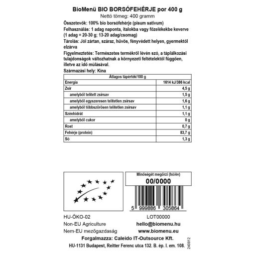 BioMenü Bio Erbsenprotein-Pulver 400 g Datenetikett