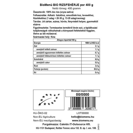 BioMenü Bio Reisprotein-Pulver 400 g Datenetikett