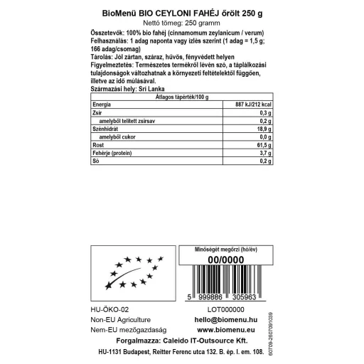 BioMenü Bio Ceylon-Zimt gemahlen 250 g Datenetikett