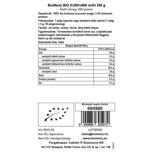 BioMenü Bio Kurkuma gemahlen 250 g Datenetikett