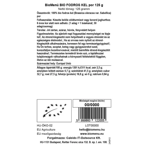 BioMenü Bio Grünkohlpulver 125 g Datenetikett
