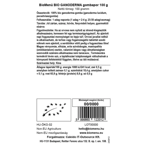 BioMenü Bio Ganoderma-Pilzpulver 100 g Datenetikett