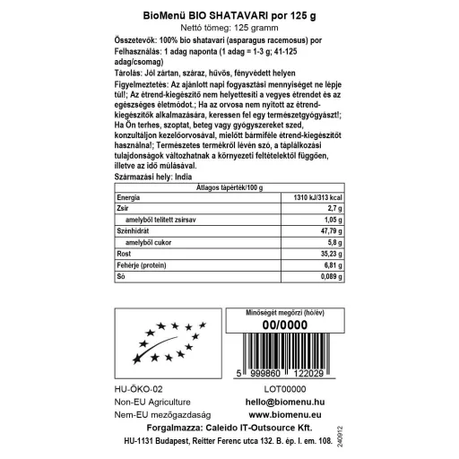 BioMenü Bio Shatavari-Pulver 125 g Datenetikett
