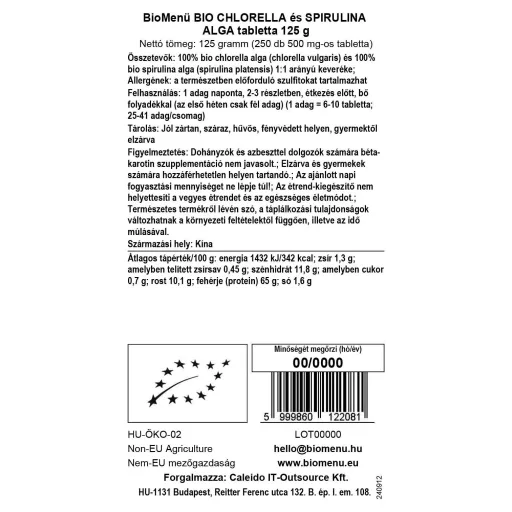 BioMenü Bio Chlorella- und Spirulina-Algen-Tabletten 125 g Datenetikett