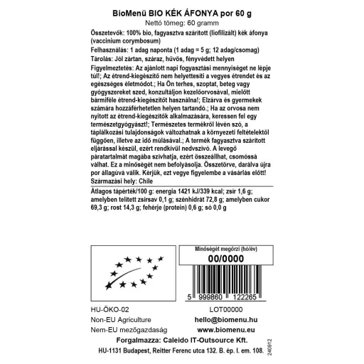 BioMenü Bio Heidelbeerpulver 60 g Datenetikett