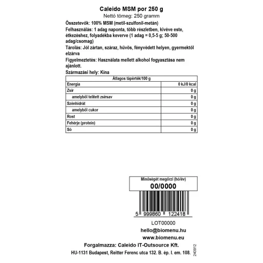 Caleido MSM Pulver 250 g Datenetikett