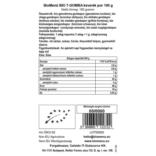 BioMenü Bio 7-Pilz-Mischung Pulver 100 g Datenetikett