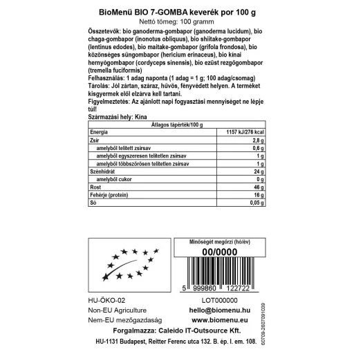 BioMenü Bio 7-Pilz-Mischung Pulver 100 g Datenetikett