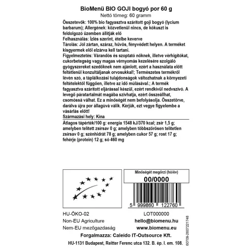 BioMenü Bio Goji-Beerenpulver 60 g Datenetikett
