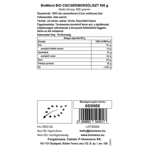 BioMenü Bio Kichererbsenmehl 500 g Datenetikett