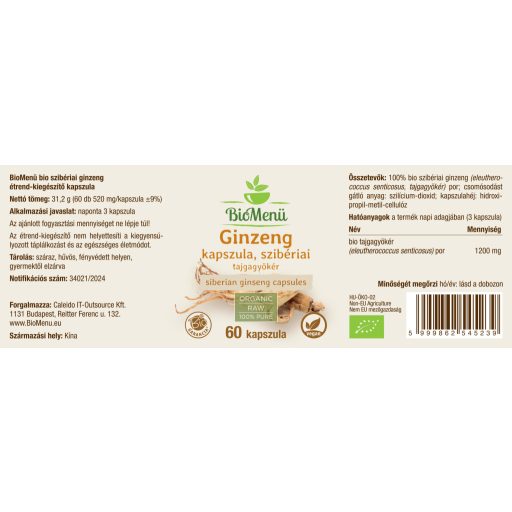 BioMenü Bio Sibirisches Ginseng Kapseln 60 Stk Etikett