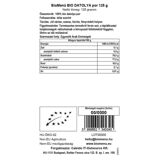 BioMenü Bio Dattelpulver 125 g Datenetikett