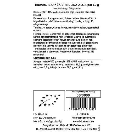 BioMenü Bio Blau Spirulina Algen Pulver 60 g Datenetikett