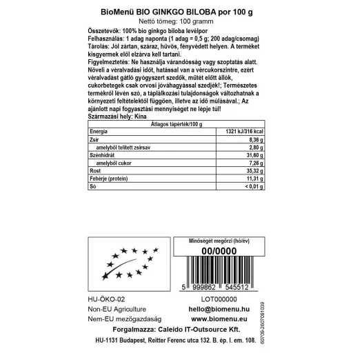 BioMenü Bio Ginkgo Biloba Pulver 100 g Datenetikett