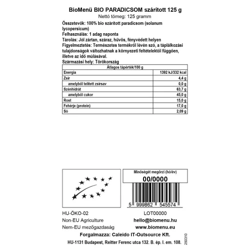 BioMenü Bio Tomaten, Getrocknet 125 g Datenetikett
