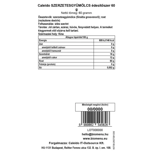 Caleido Mönchsfrucht-Süßstoff 60 g Datenetikett