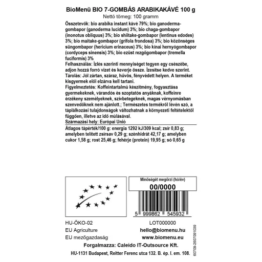 BioMenü Bio 7-Pilze Arabica-Kaffee 100 g Datenetikett
